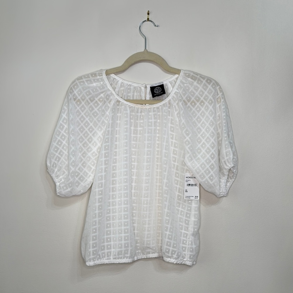 Bobeau Windowpane Puff Sleeve Top NWT
